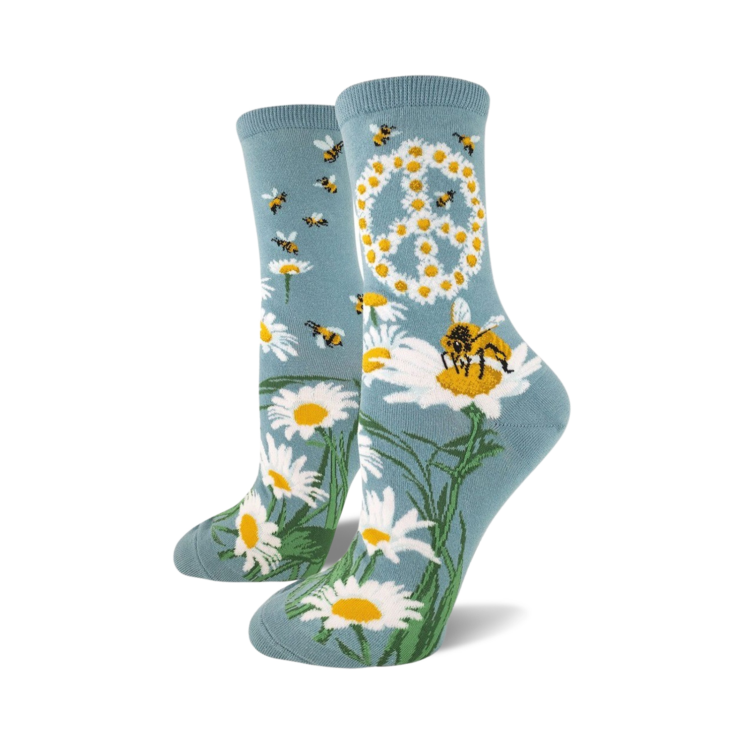 Pair of women's crew socks in teal blue.  Features a peace sign made of daisies and buzzing bees on a field of daisies.
