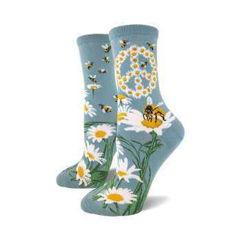 crew socks for women. pattern of bees and daisies and a peace sign made of daisies.