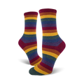 Pair of crew socks with multicolored stripes.  Colors include maroon, gold, dark teal, and purple.  The stripes are horizontally arranged.