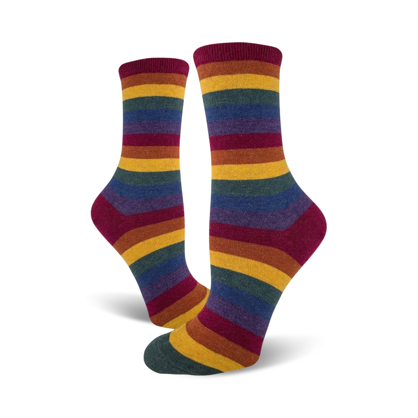 Pair of crew socks with multicolored stripes.  Colors include maroon, gold, dark teal, and purple.  The stripes are horizontally arranged.