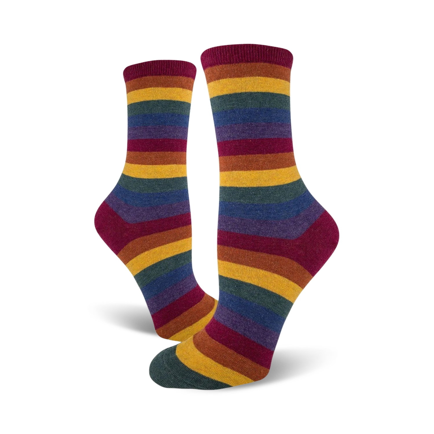 Pair of crew socks with multicolored stripes.  Colors include maroon, gold, dark teal, and purple.  The stripes are horizontally arranged.