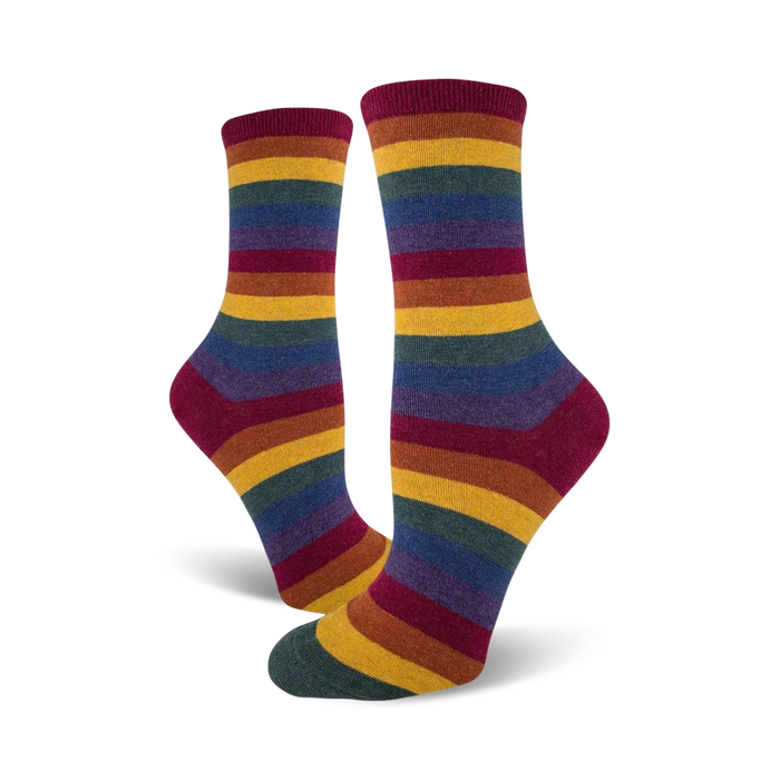 womens crew socks with horizontal burgundy, red, orange, yellow, green, blue and purple stripes celebrating pride.  }}
