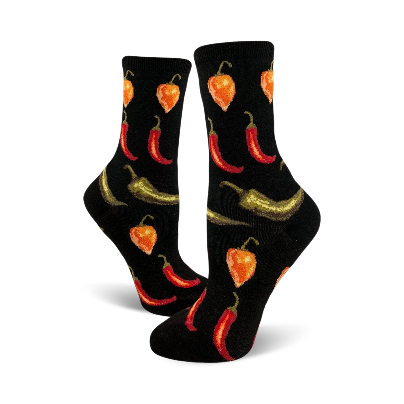 A pair of black crew socks with a fun pattern of red chili peppers and orange habanero peppers.