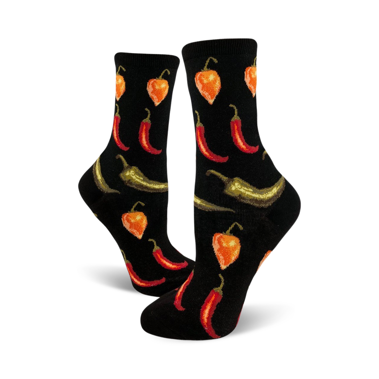 A pair of black crew socks with a fun pattern of red chili peppers and orange habanero peppers.