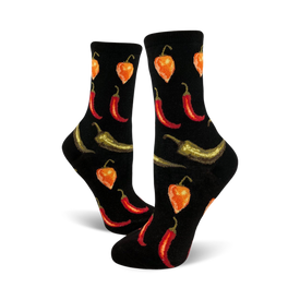 black crew socks with red, orange, green, and yellow chili pepper pattern. women's size, food & drink theme.  