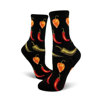 black crew socks with red, orange, green, and yellow chili pepper pattern. women's size, food & drink theme.  