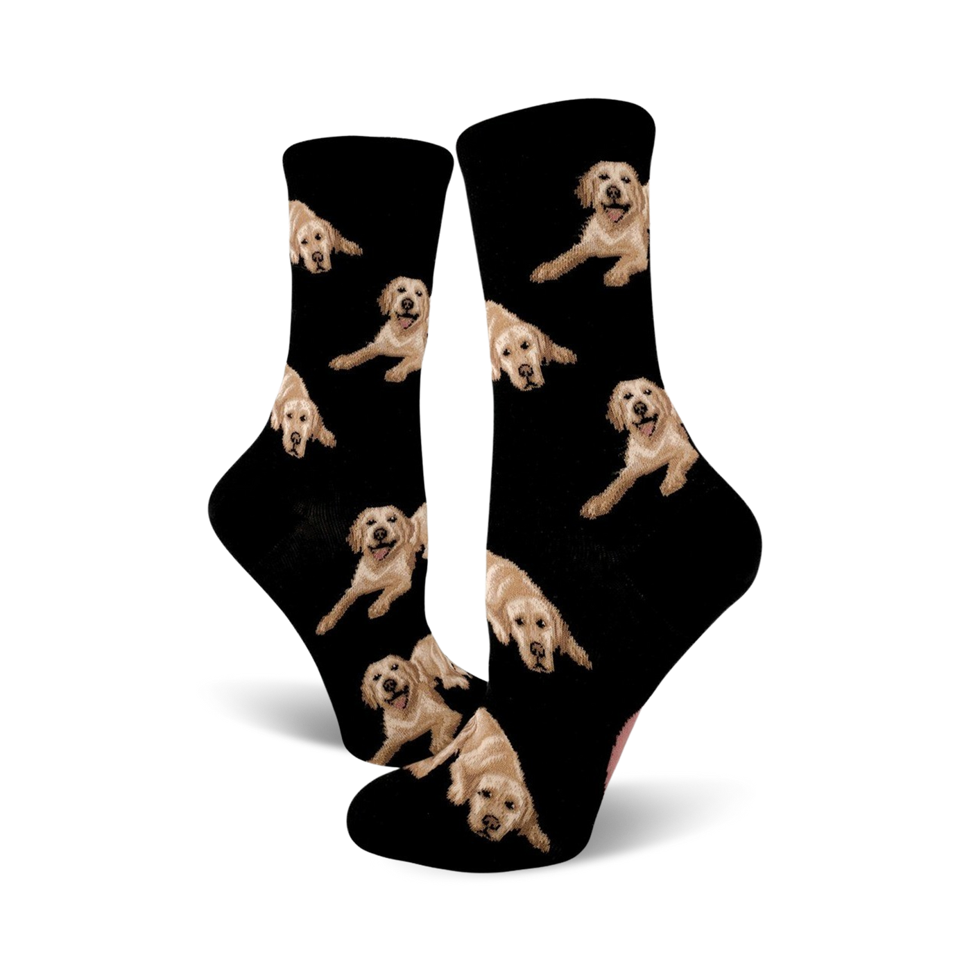 Pair of black crew socks covered in images of golden retrievers. The dogs are light tan and the background is black.