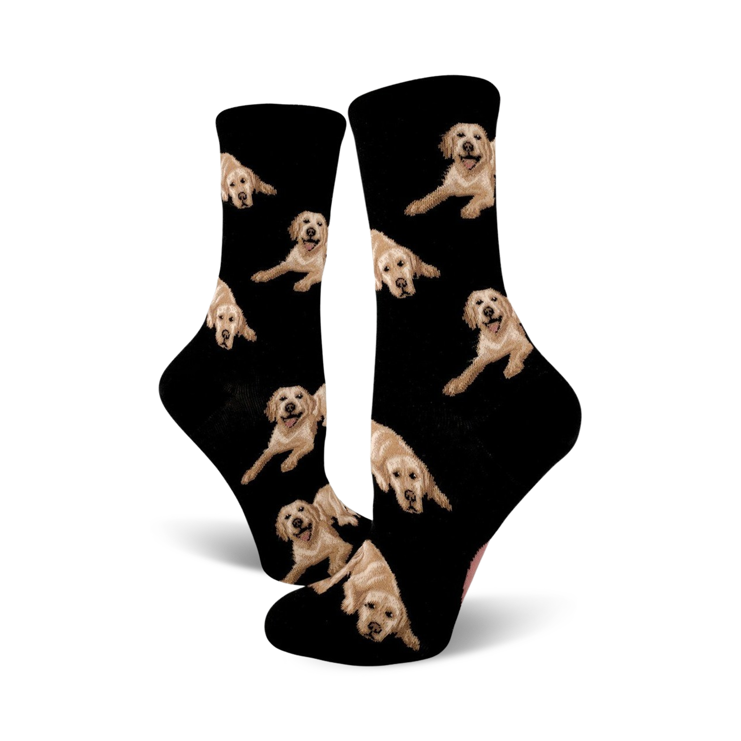 Pair of black crew socks covered in images of golden retrievers. The dogs are light tan and the background is black.