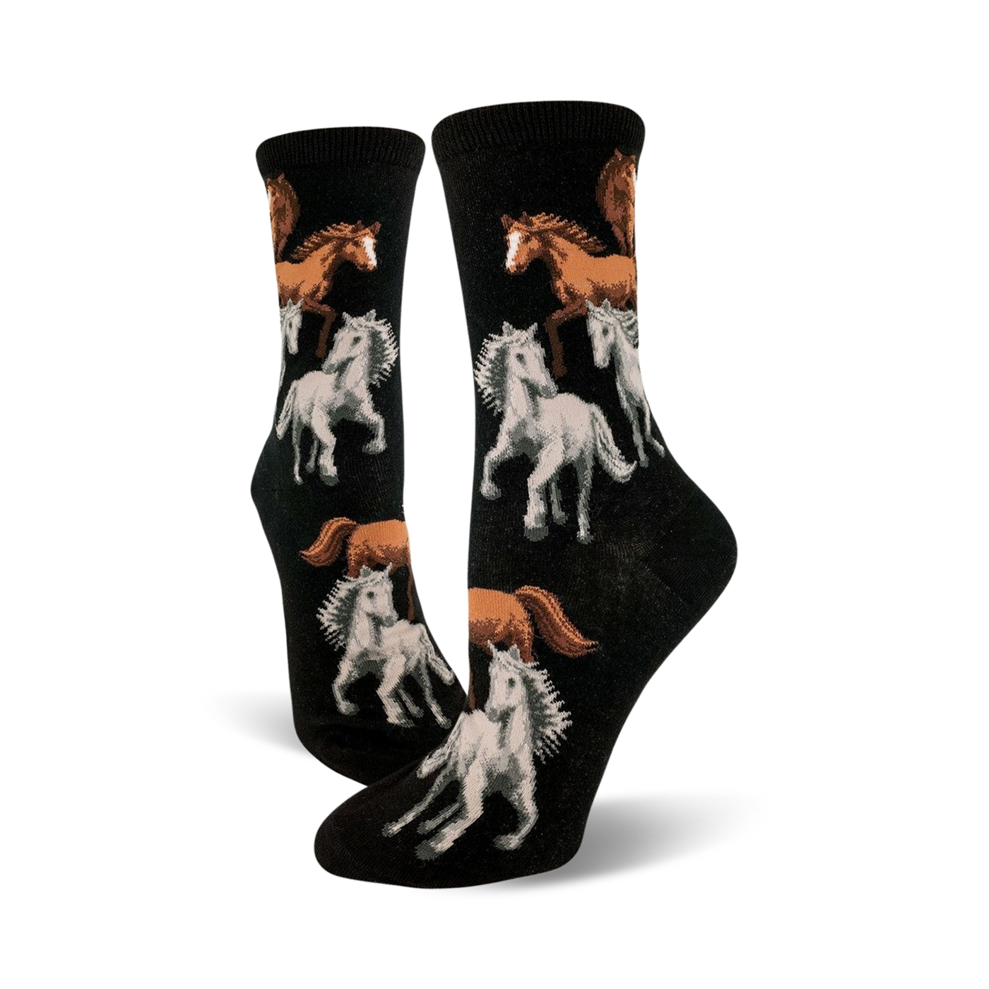 A pair of black crew socks with a repeating pattern of brown and white horses. The horses are depicted in a stylized, slightly whimsical manner.