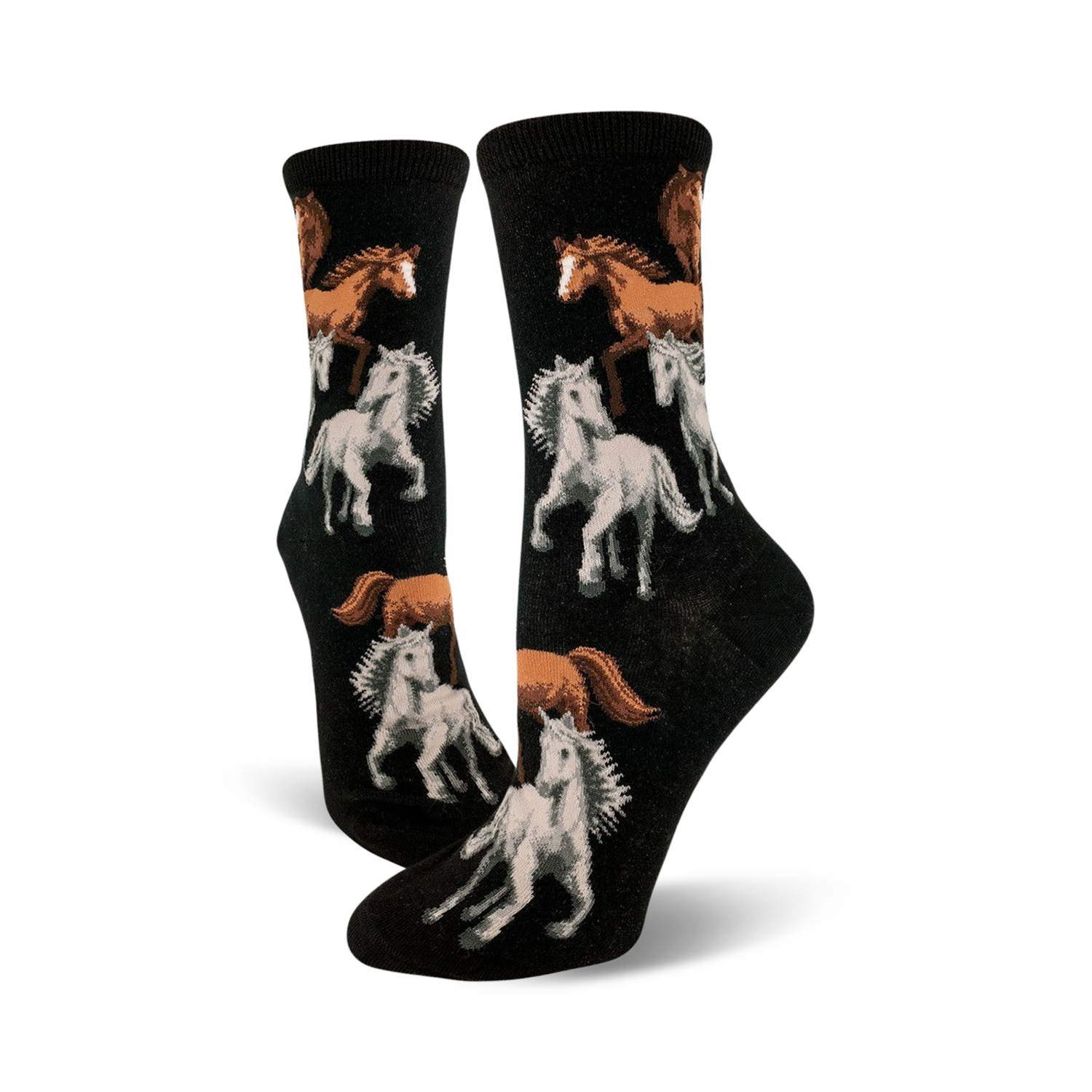 A pair of black crew socks with a repeating pattern of brown and white horses. The horses are depicted in a stylized, slightly whimsical manner.