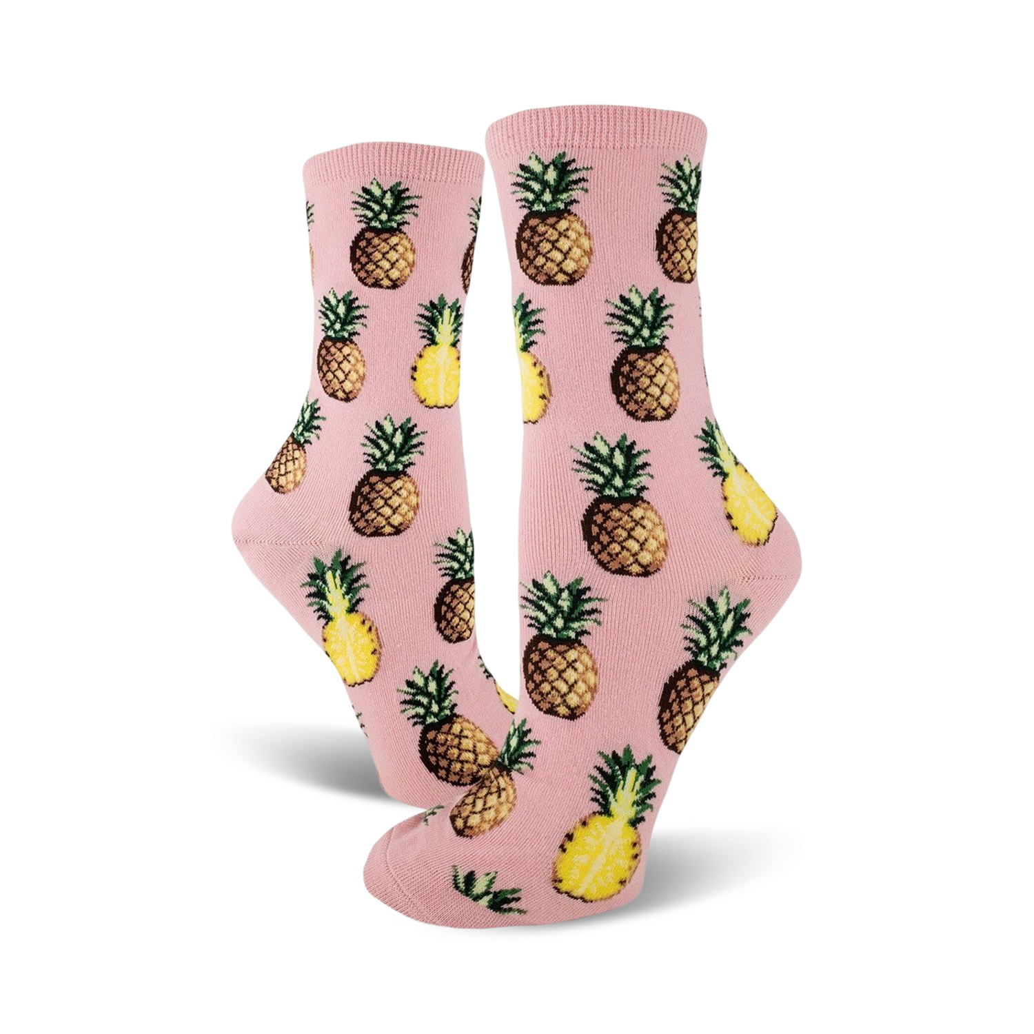 Pair of crew socks; pink and yellow pineapples on a pink background. Fun pineapple print socks.
