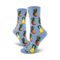 Close-up of light blue crew socks with a repeating pineapple pattern.