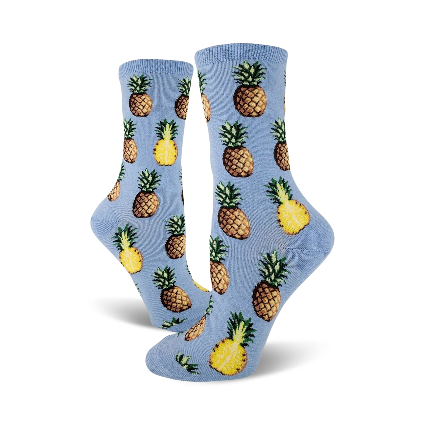 Close-up of light blue crew socks with a repeating pineapple pattern.