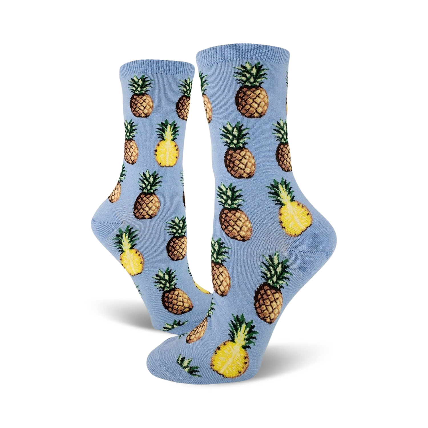 Close-up of light blue crew socks with a repeating pineapple pattern.