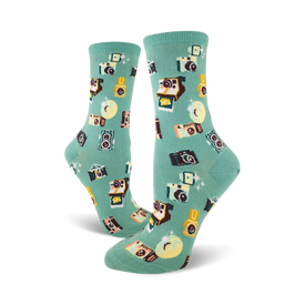 women's crew socks in mint green with vintage camera pattern in brown, black, yellow. 
