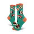Pair of teal crew socks with illustrated sushi pieces, including maki and nigiri, and cute cartoon faces. Orange accents on the cuffs.