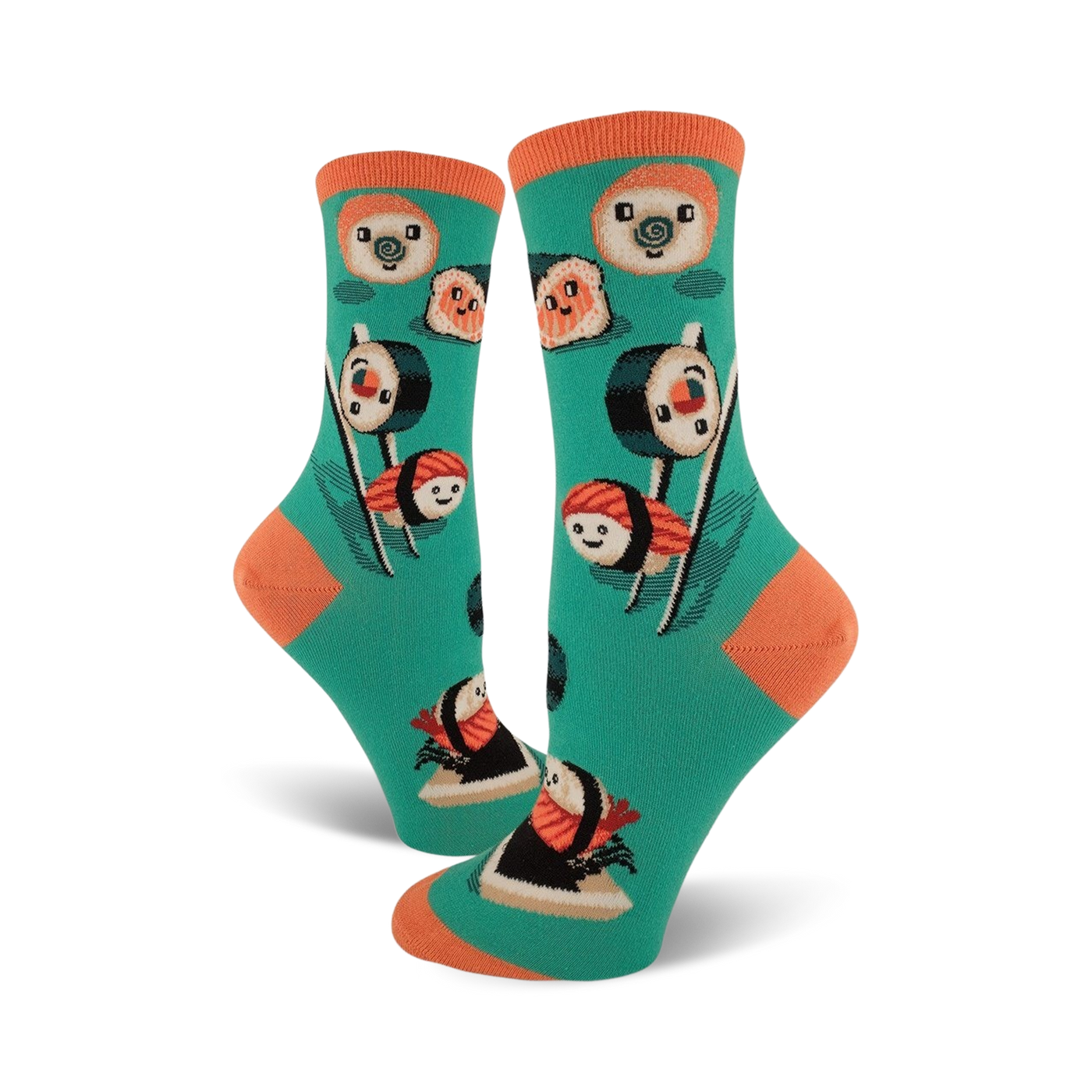 Pair of teal crew socks with illustrated sushi pieces, including maki and nigiri, and cute cartoon faces. Orange accents on the cuffs.