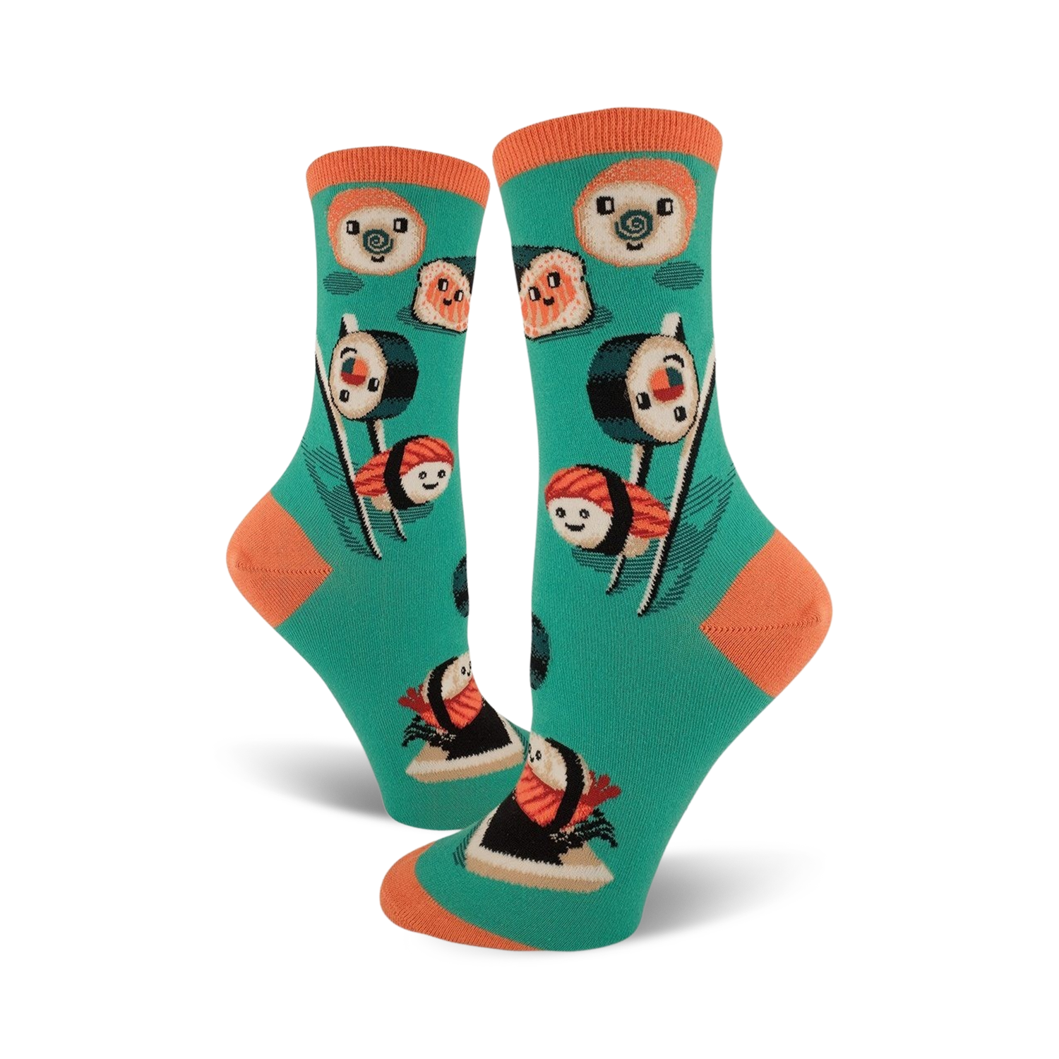 Pair of teal crew socks with illustrated sushi pieces, including maki and nigiri, and cute cartoon faces. Orange accents on the cuffs.