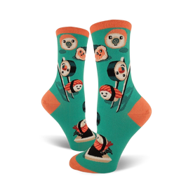 green sushi patterned crew socks with orange toe, heel, and cuff for women    