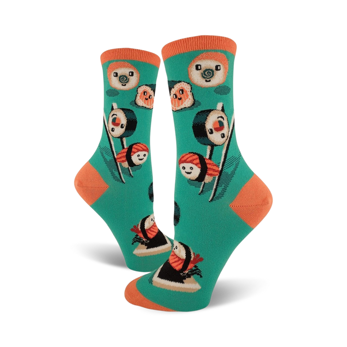 green sushi patterned crew socks with orange toe, heel, and cuff for women     }}