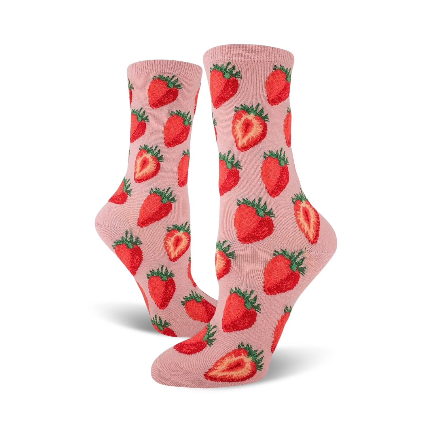 Pair of women's crew socks in pink and red, featuring a whimsical strawberry pattern.