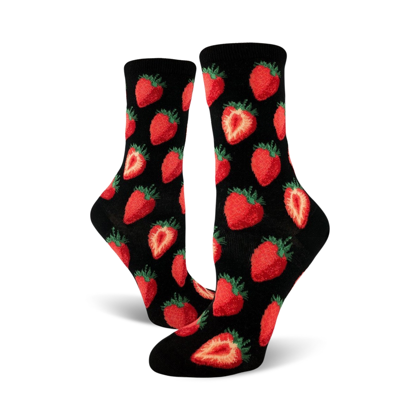 Close-up view of black crew socks with a red strawberry pattern. The socks are folded and displayed against a white background.