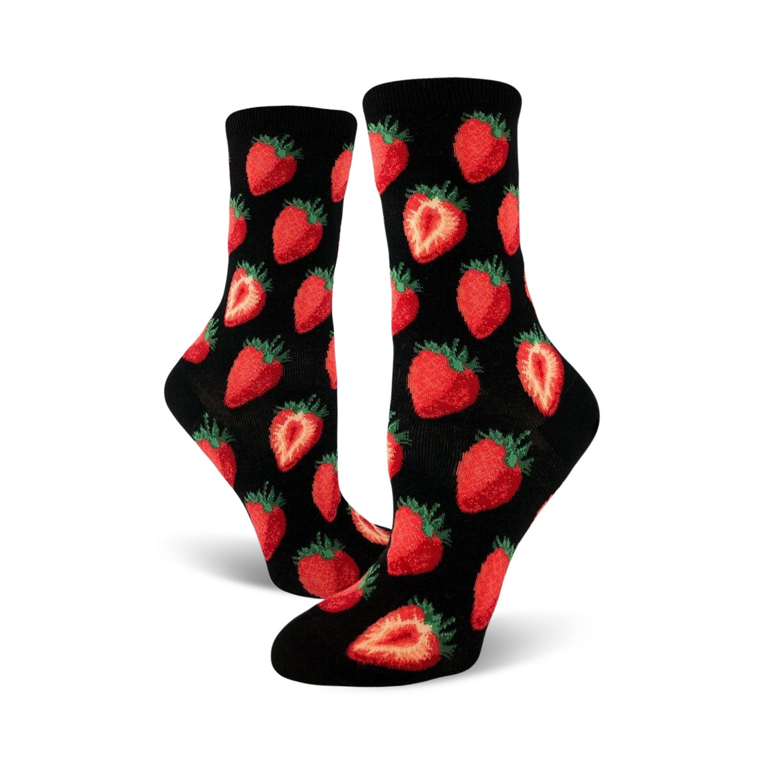 Close-up view of black crew socks with a red strawberry pattern. The socks are folded and displayed against a white background.