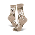 Cream and brown Argyle crew socks featuring adorable West Highland White Terrier dog faces.