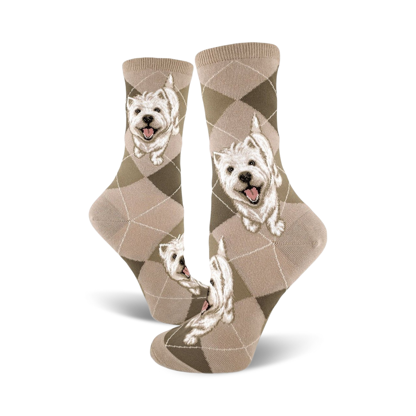 Cream and brown Argyle crew socks featuring adorable West Highland White Terrier dog faces.