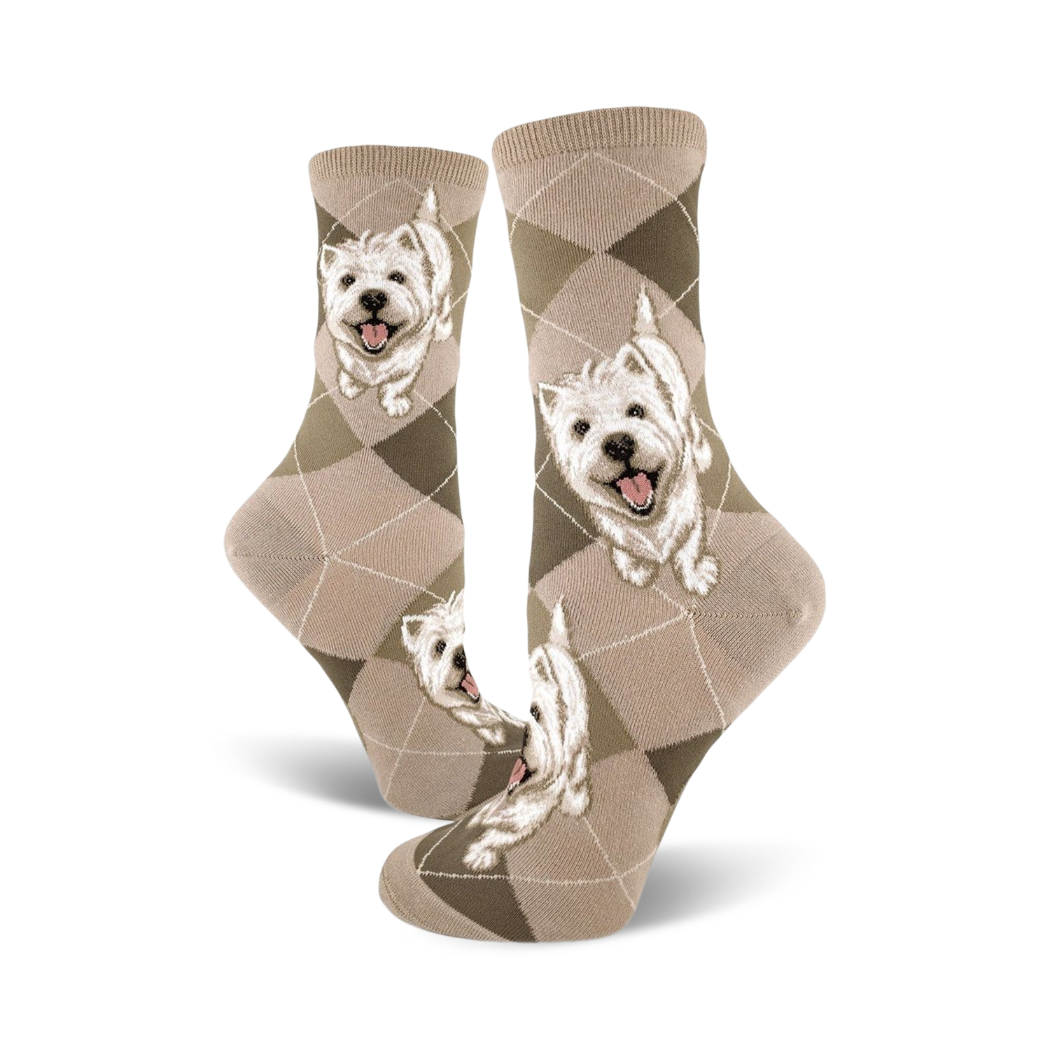 Cream and brown Argyle crew socks featuring adorable West Highland White Terrier dog faces.