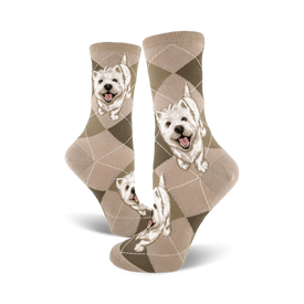 womens' crew socks featuring west highland white terriers wearing outfits on a beige background.  
