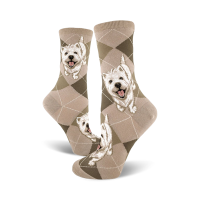 womens' crew socks featuring west highland white terriers wearing outfits on a beige background.  