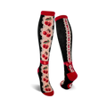 Pair of women's knee-high socks. Black background, red cherries, cream lace accents, and red ribbon bow detail.