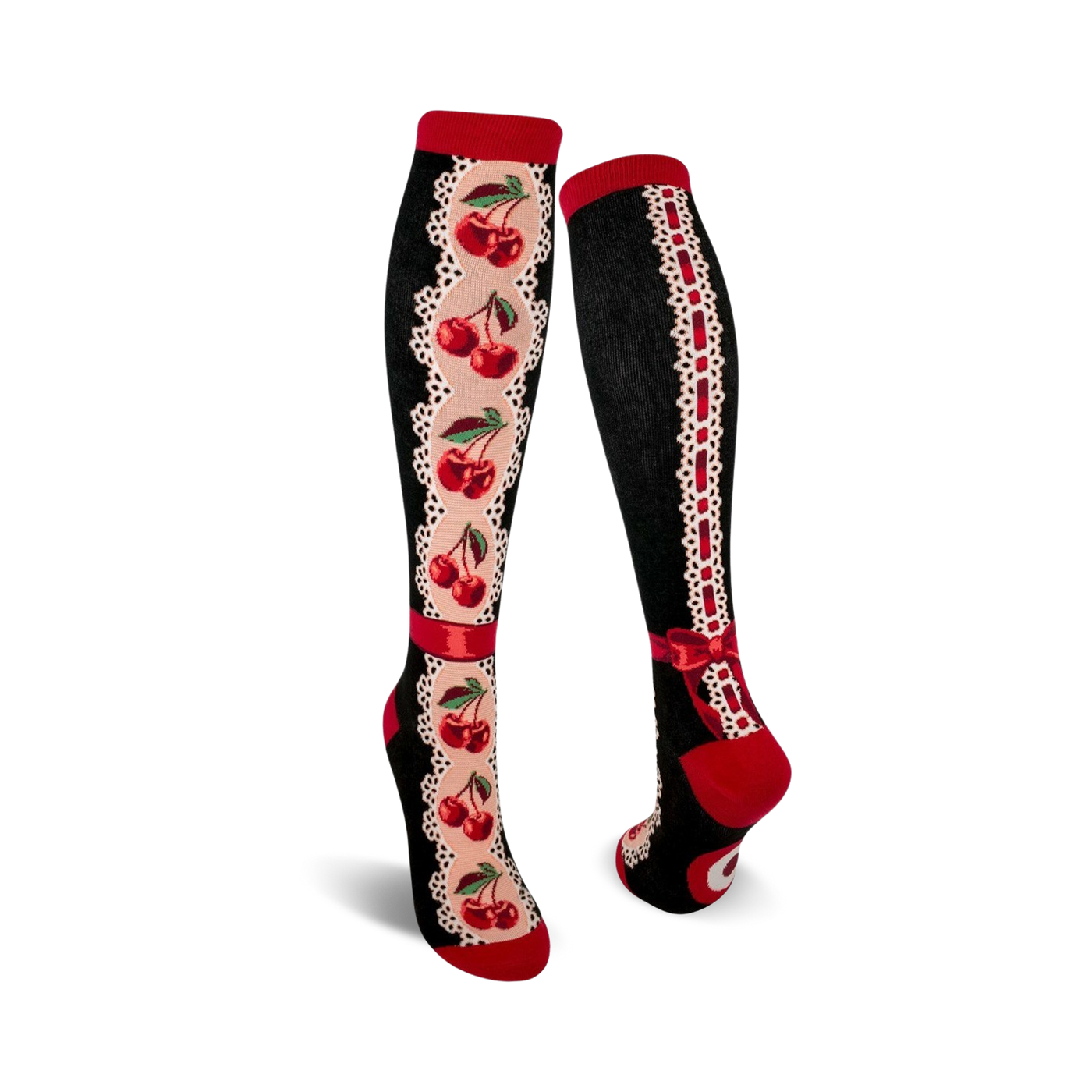 Pair of women's knee-high socks. Black background, red cherries, cream lace accents, and red ribbon bow detail.