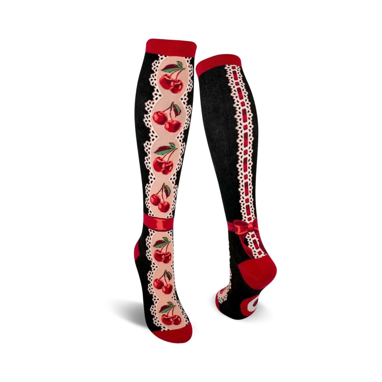 Pair of women's knee-high socks. Black background, red cherries, cream lace accents, and red ribbon bow detail.