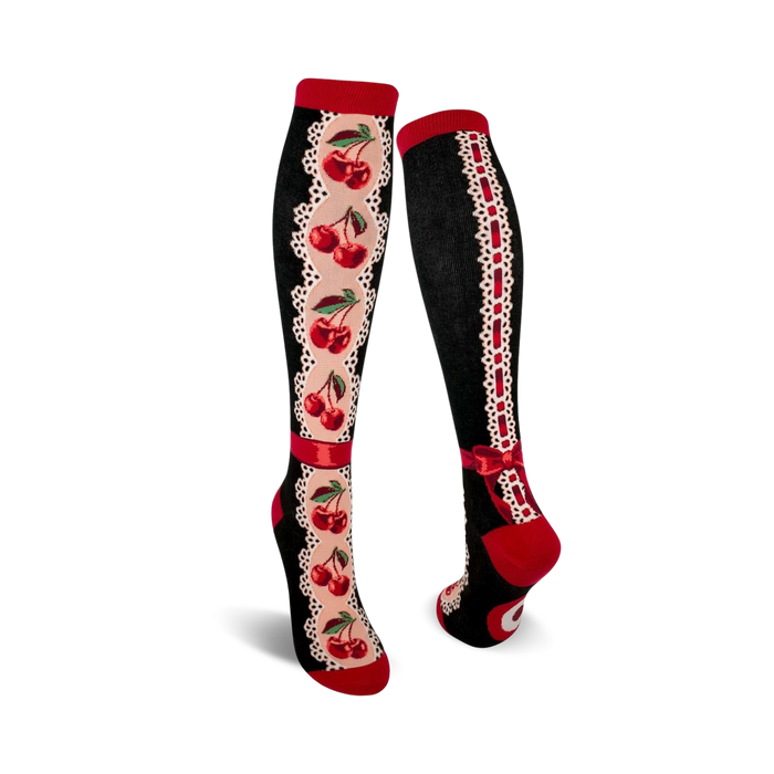 women's knee high socks with a red cherry and cream lace pattern, red bow at top.   }}