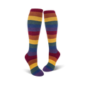 Pair of knee-high socks in a rainbow stripe pattern.  Colors include burgundy, mustard yellow, teal, and purple.
