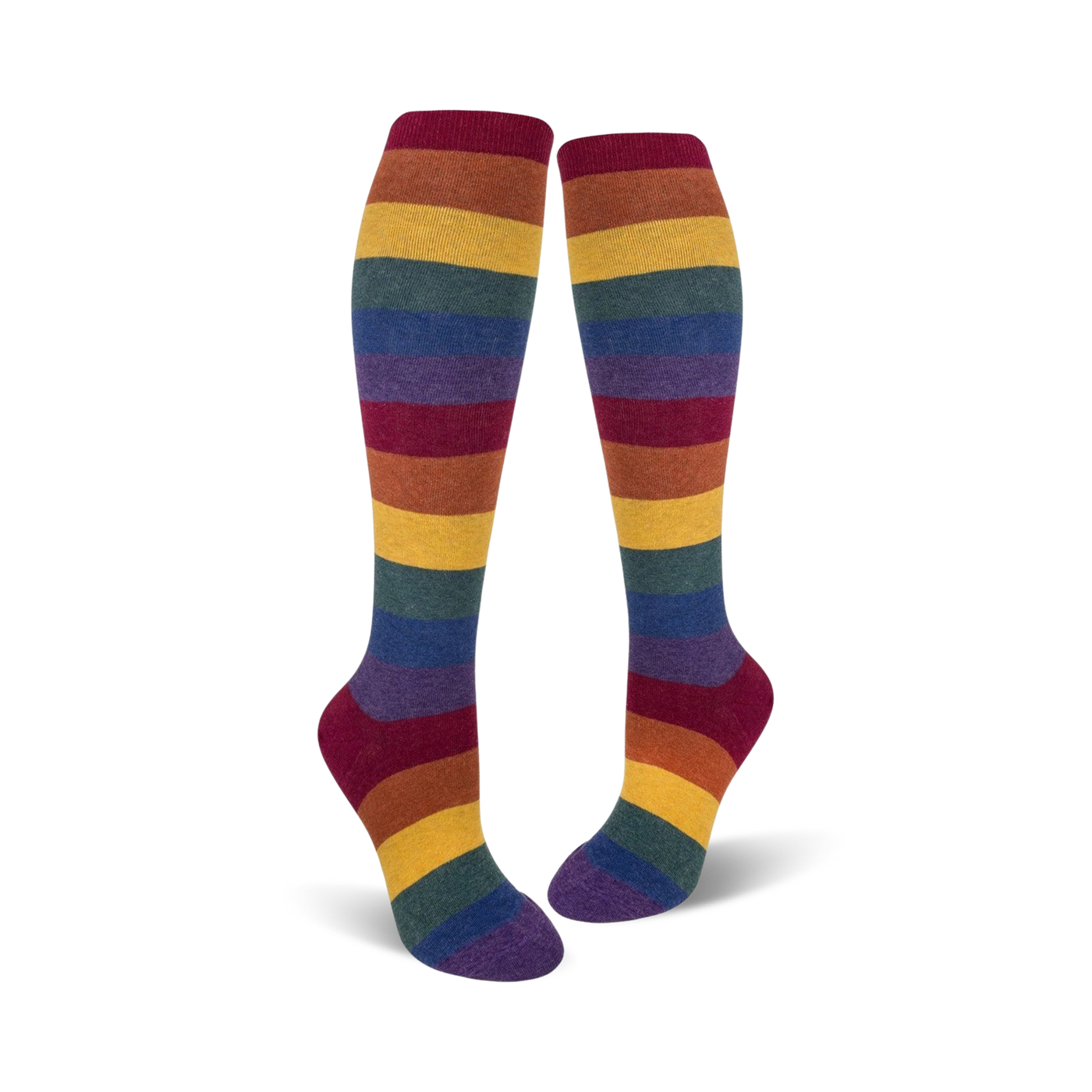 Pair of knee-high socks in a rainbow stripe pattern.  Colors include burgundy, mustard yellow, teal, and purple.