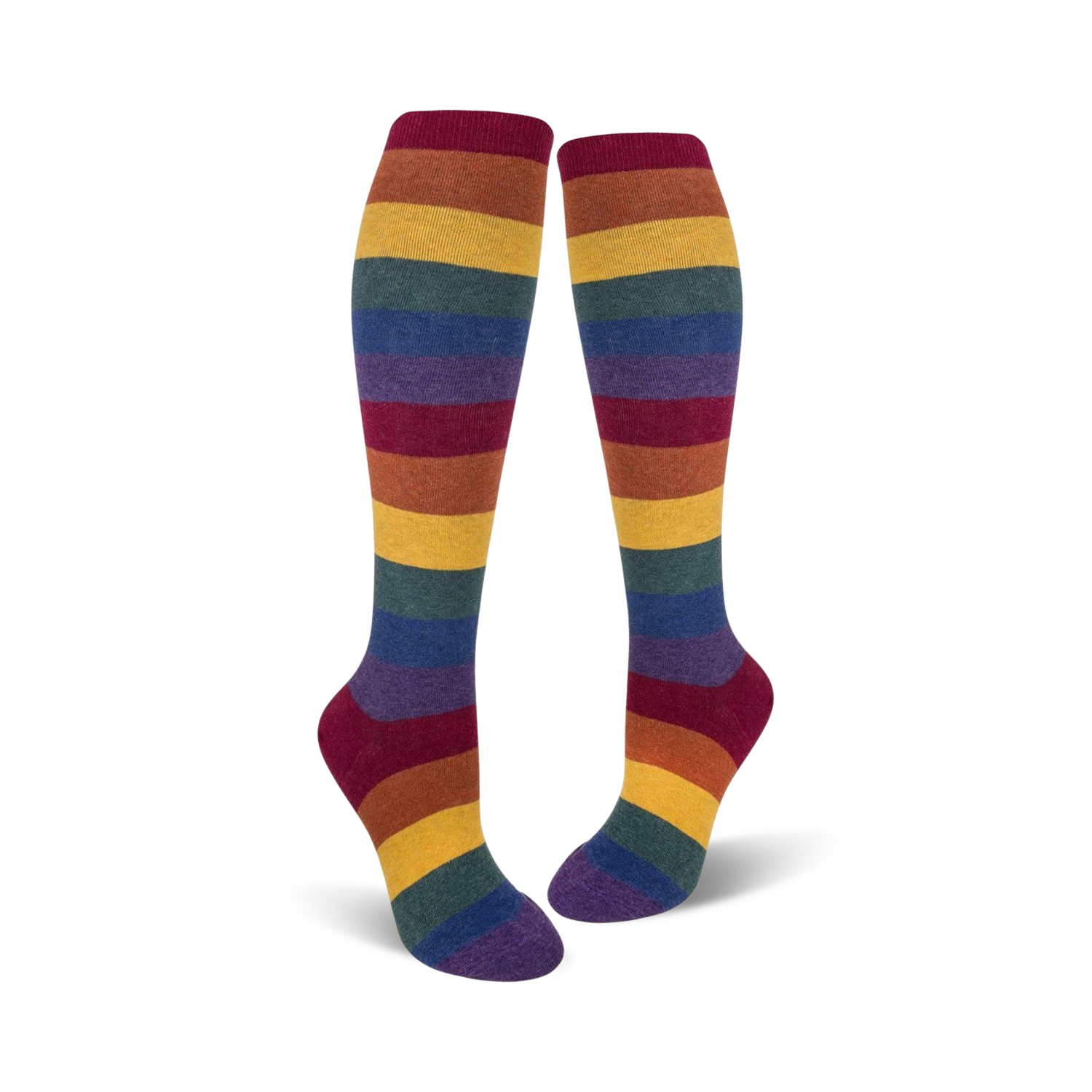 Pair of knee-high socks in a rainbow stripe pattern.  Colors include burgundy, mustard yellow, teal, and purple.