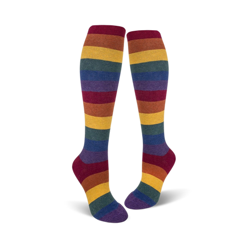 Pair of knee-high socks in a rainbow stripe pattern.  Colors include burgundy, mustard yellow, teal, and purple.