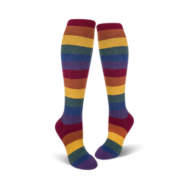 knee-high socks for women in a heather rainbow pattern with seven stripes of burgundy, orange, yellow, forest green, blue, purple, and dark red.  