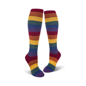 knee-high socks for women in a heather rainbow pattern with seven stripes of burgundy, orange, yellow, forest green, blue, purple, and dark red.  