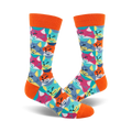 A pair of crew socks with an orange cuff. The socks feature a repeating pattern of colorful cat faces in a Pop Art style.