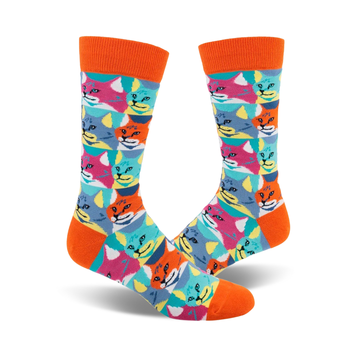 A pair of crew socks with an orange cuff. The socks feature a repeating pattern of colorful cat faces in a Pop Art style.
