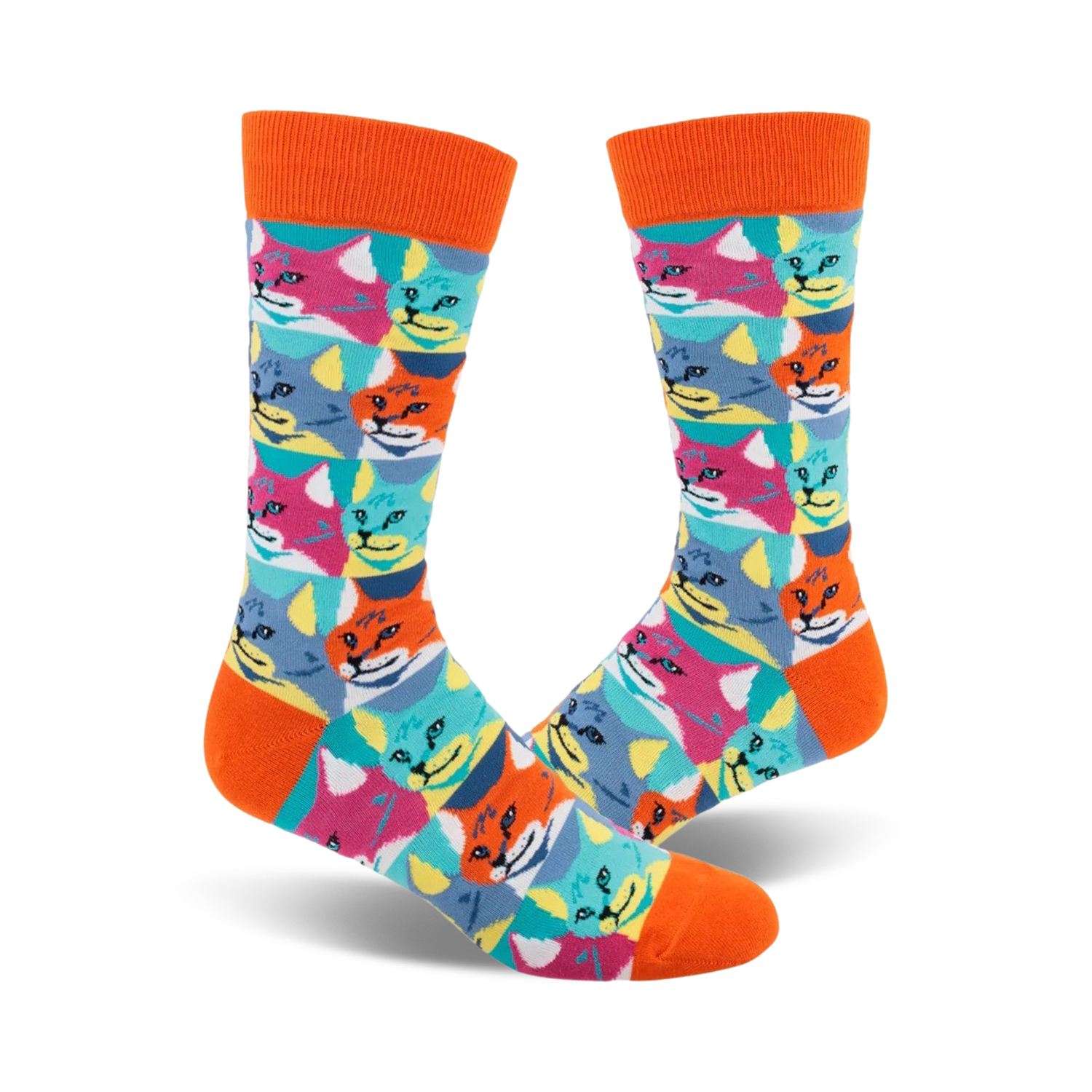 A pair of crew socks with an orange cuff. The socks feature a repeating pattern of colorful cat faces in a Pop Art style.