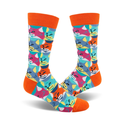 mens colorful crew cut cartoon cat pop art theme socks.   