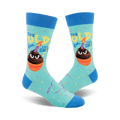 Crew socks in teal, blue, and brown, featuring a grumpy cupcake with a candle that says 'Too Old for This Shit' and confetti.