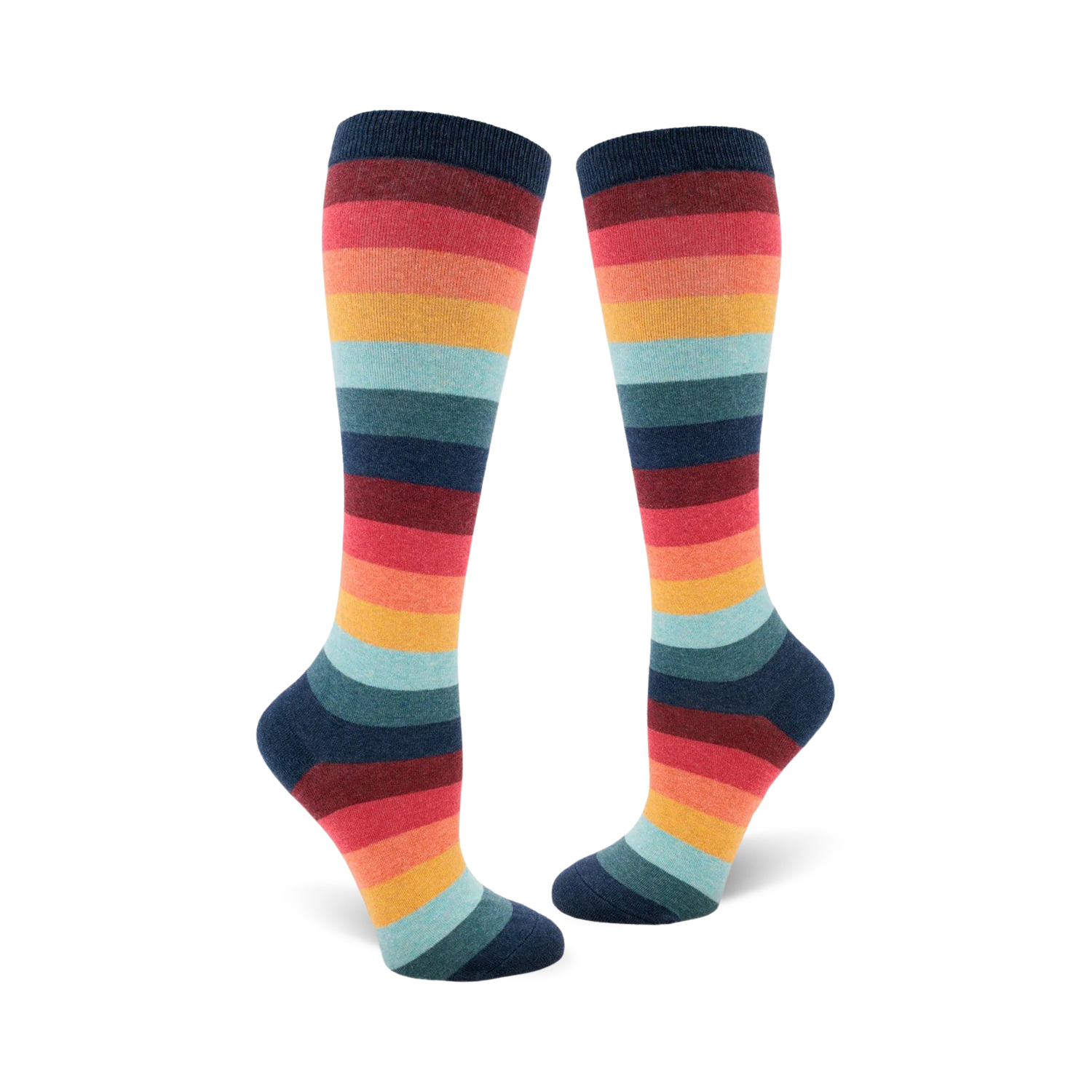 Pair of women's knee-high socks in a retro rainbow stripe pattern. Colors include teal, orange, red, and dark blue.