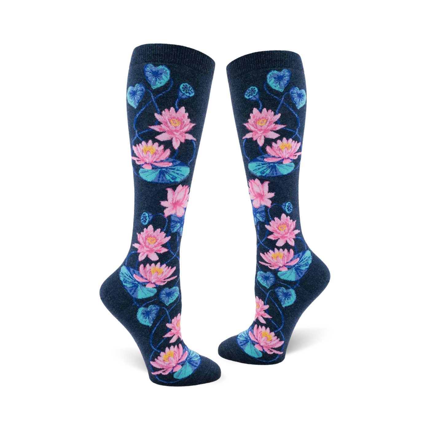 Pair of navy blue knee-high socks with a pattern of pink and teal lotus flowers and leaves.
