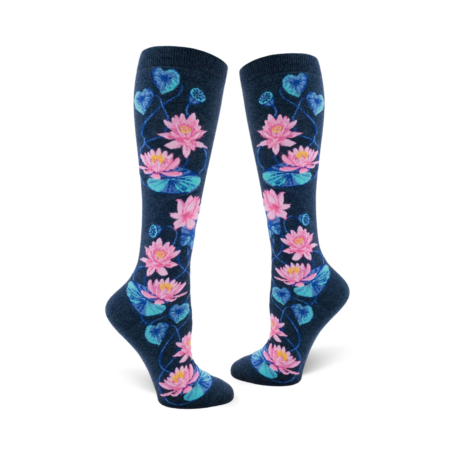 Pair of navy blue knee-high socks with a pattern of pink and teal lotus flowers and leaves.